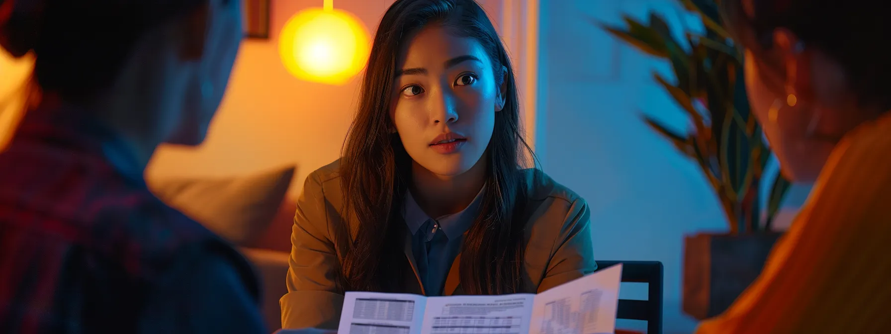 A woman examines a document intently while seated in a well-lit room with two of her colleagues.